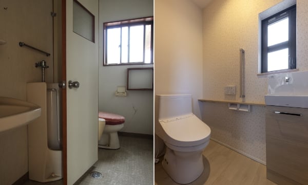 タイル貼り床のトイレからクッションフロアと壁のクロスも張り替えたトイレ
